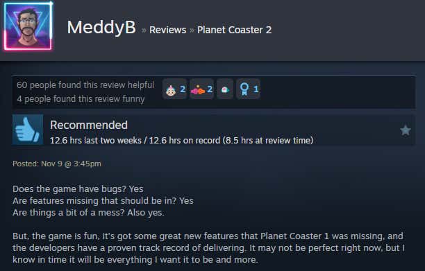 Screenshot showing Steam user reviews of Planet Coaster 2.